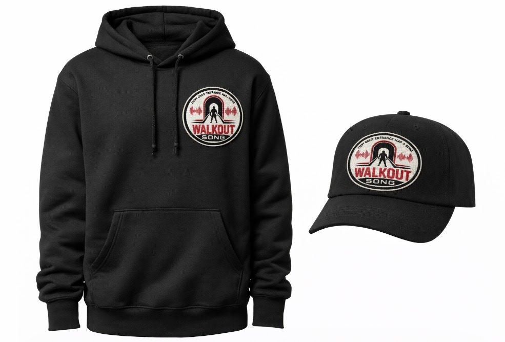 Black hoodie with smaller Walkout Song logo and matching cap